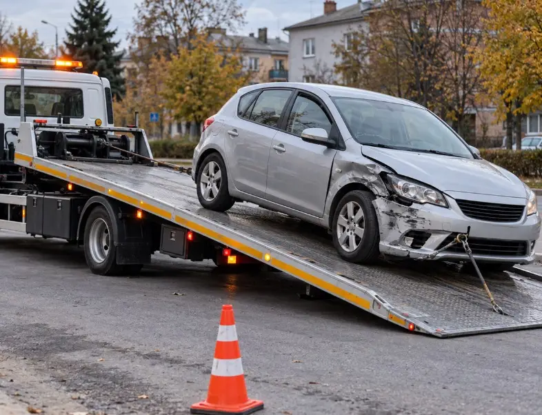 Пошкоджений після ДТП легковий автомобіль на платформі евакуатора.